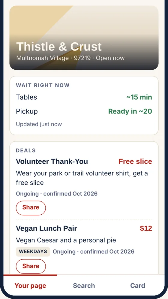 A shop's PizzaShopper page on a phone, showing the wait right now for tables and pickup, and two deals with Share buttons